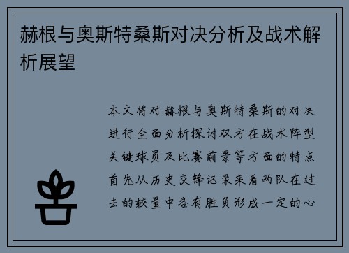 赫根与奥斯特桑斯对决分析及战术解析展望