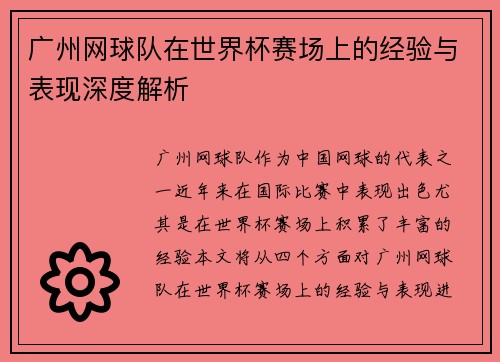 广州网球队在世界杯赛场上的经验与表现深度解析