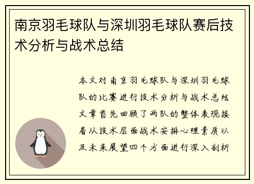 南京羽毛球队与深圳羽毛球队赛后技术分析与战术总结